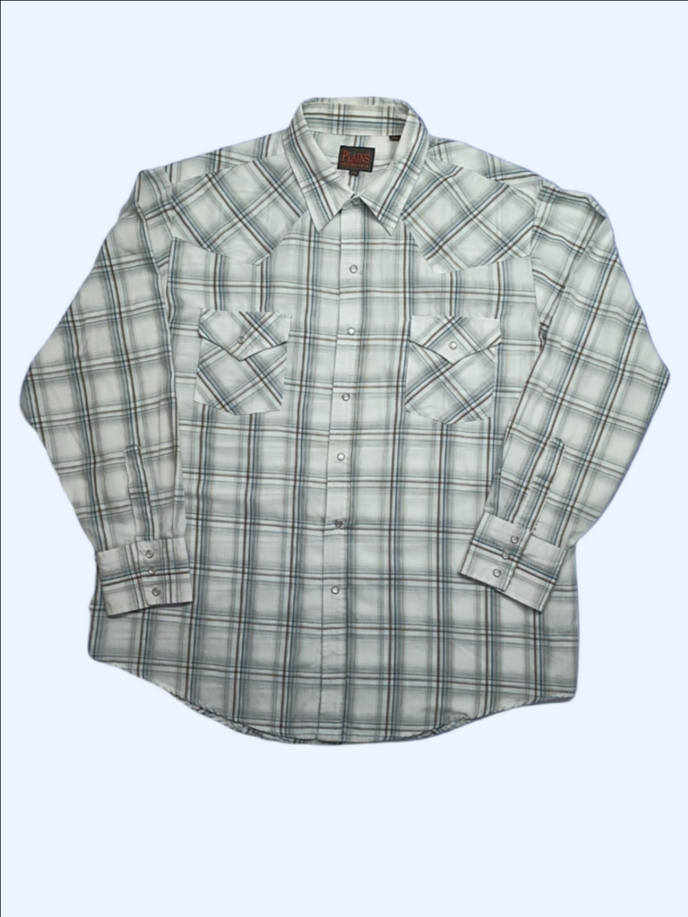 Vintage Plains Men's Western Shirt White, Brown And Light Blue Plaid Snap XL